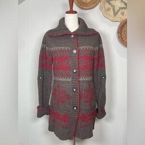 Women’s Eddie Bauer Wool Blend Mid Length Brown Red Fair Isle Cardigan Size Med